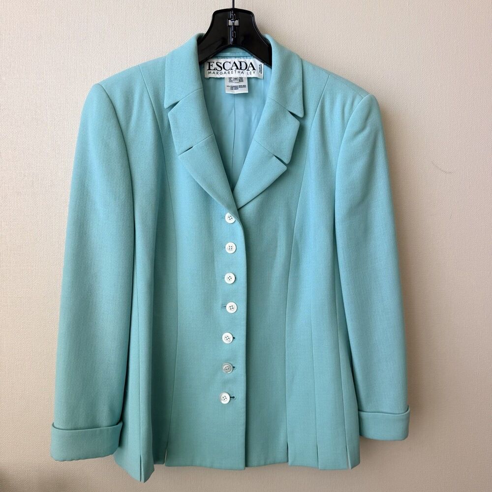 Vtg ESCADA Margaretha Ley 100% Wool Blazer 40 Aqua Blue Pleated Jacket Germany